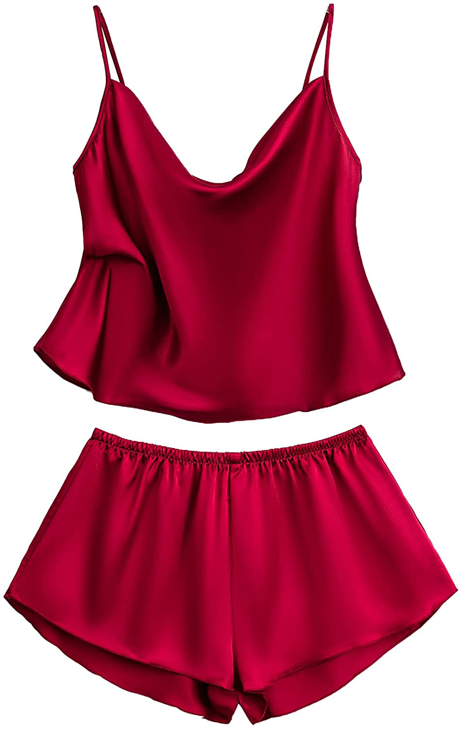 Shein Women'S 2 Pcs Nightwear Solid Drape Neck Cami and Shorts PJ Sets Satin Sleepwears Apparel & Accessories > Clothing > Sleepwear & Loungewear Kylie Max   