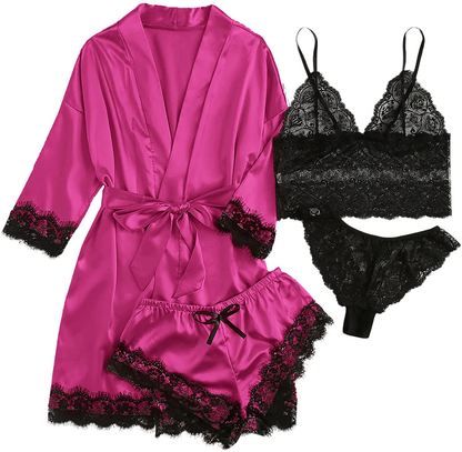 WDIRARA Women'S 4 Pieces Satin Floral Lace Cami Top Lingerie Pajama Set with Robe Apparel & Accessories > Clothing > Underwear & Socks > Lingerie WDIRARA Hot Pink Black X-Large 
