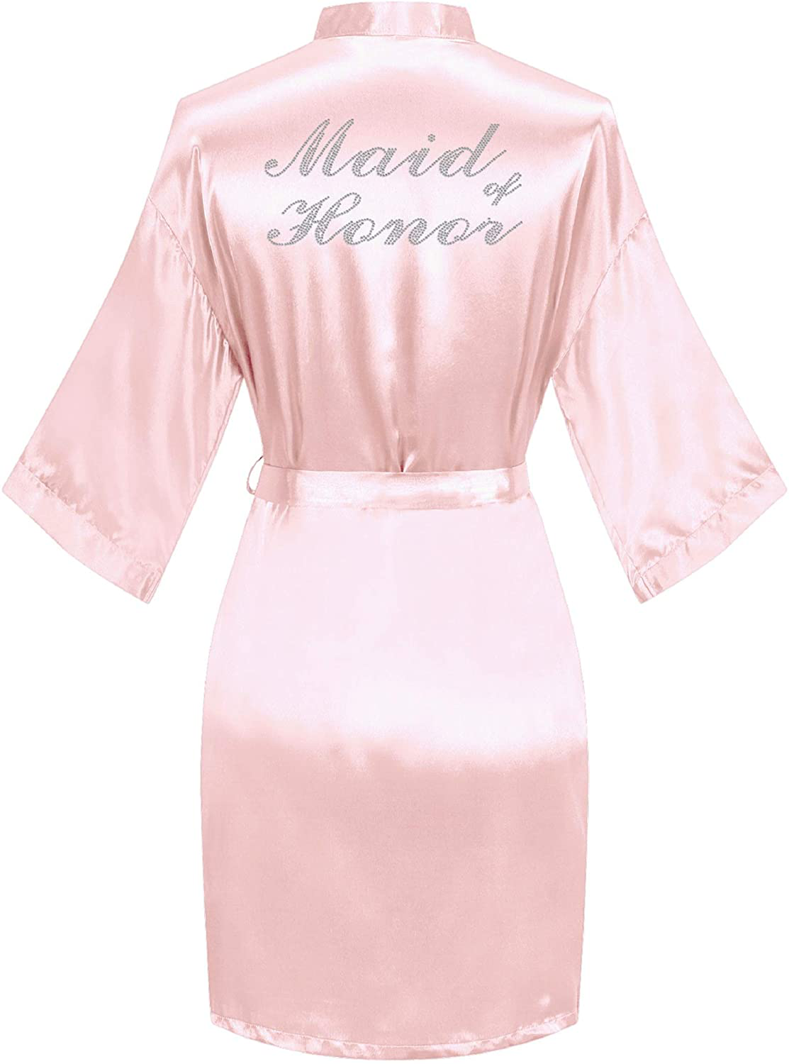 Sunshinemall Women'S Satin Kimono Robes with Rhinestones Bride Bridesmaid Short Sleepwear Wedding Dressing Gown Apparel & Accessories > Clothing > Sleepwear & Loungewear > Robes sunshinemall Maid of Honor-pink Large-X-Large 