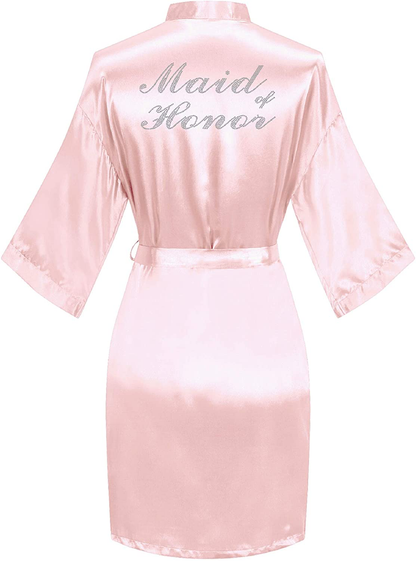 Sunshinemall Women'S Satin Kimono Robes with Rhinestones Bride Bridesmaid Short Sleepwear Wedding Dressing Gown Apparel & Accessories > Clothing > Sleepwear & Loungewear > Robes sunshinemall Maid of Honor-pink Large-X-Large 