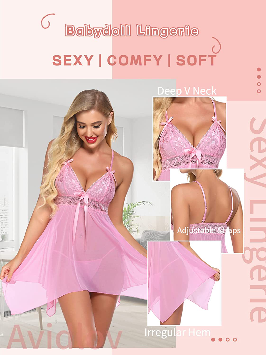 Avidlove Women Sexy Lingerie Lace Babydoll Nightdress Mesh Chemise V Neck Sleepwear Apparel & Accessories > Clothing > Underwear & Socks > Lingerie Kylie Max   