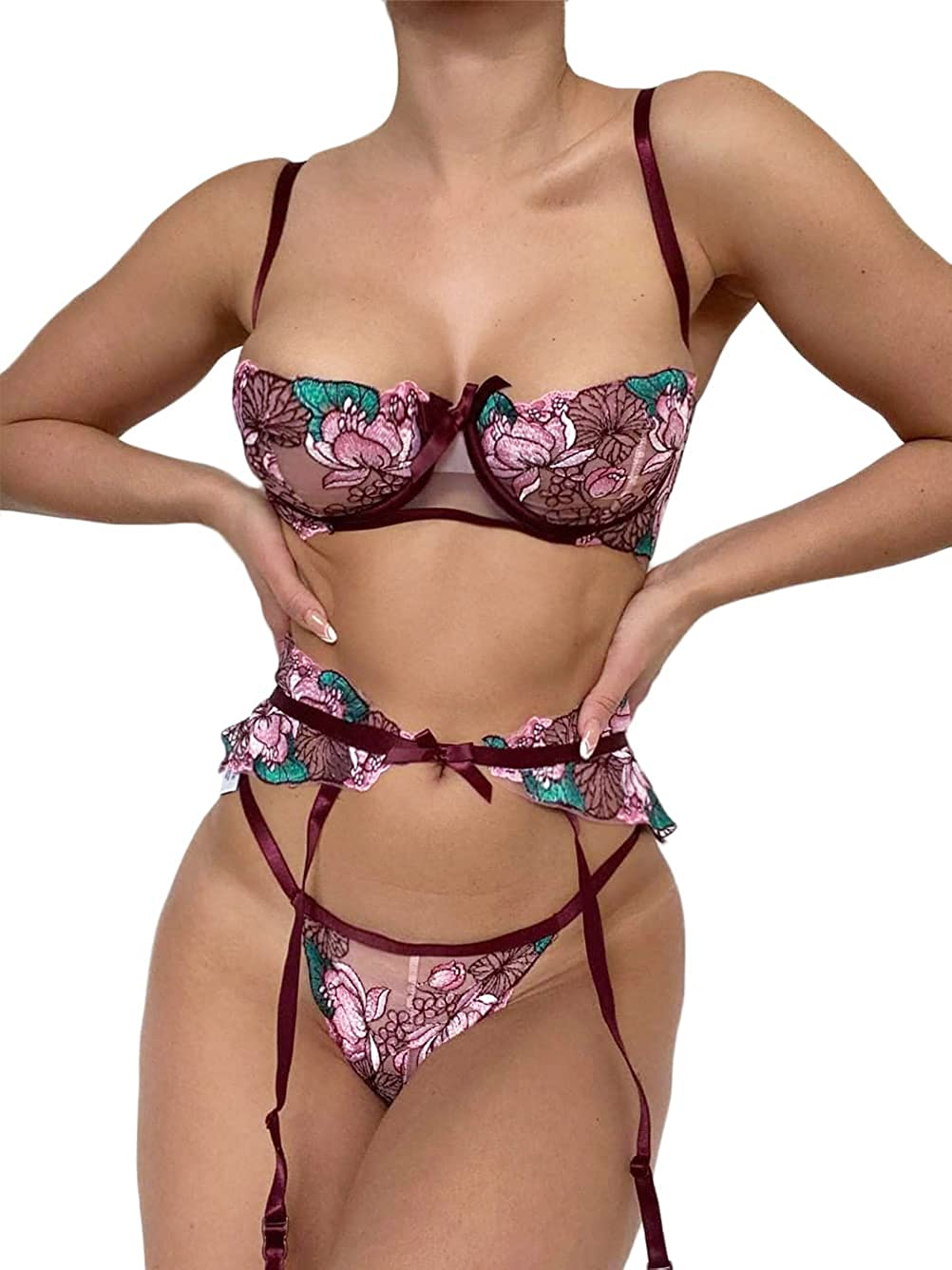 Kaei&Shi Floral Embroidered, Ruffle Belt, Underwire Demi Cup, Lined Thong Apparel & Accessories > Clothing > Underwear & Socks > Lingerie Kaei&Shi Burgundy 4-6 