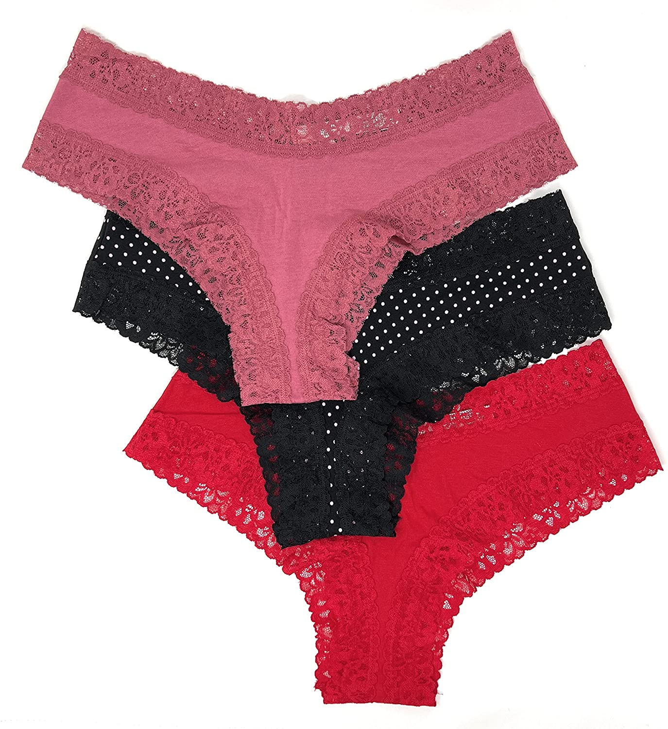 Victoria'S Secret Lace Cheeky Panty Set of 3 Apparel & Accessories > Clothing > Underwear & Socks > Underwear Victoria's Secret Rose / Black Mini Dot / Red Large 