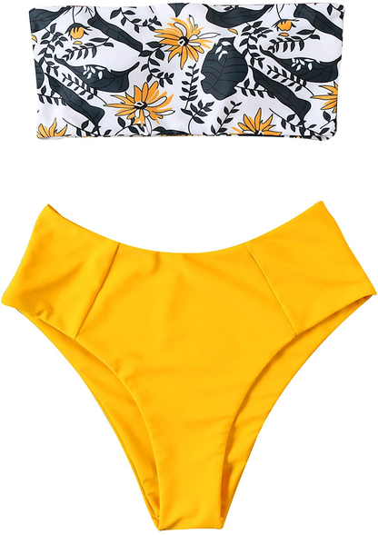 OMKAGI Women's 2 Pieces Bandeau Bikini Swimsuits Off Shoulder High Waist Bathing Suit High Cut Apparel & Accessories > Clothing > Swimwear OMKAGI Yellow-3389 Small 