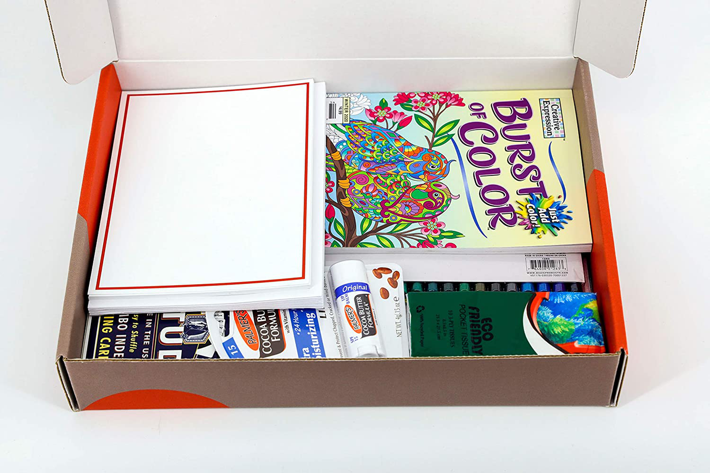 Get Well Gifts for Women Beat the Boredom Box Non Food Gift Basket Get Well Message Plush Non-Slip Socks Lip Balm Travel Tissue Cream Crossword Book Word Search Book Adult Coloring Books Cards Markers Arts & Entertainment > Party & Celebration > Gift Giving Beat the Boredom Box   