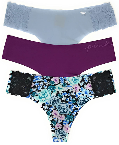 Victoria's Secret PINK Thong Panty Set of 3 Apparel & Accessories > Clothing > Underwear & Socks > Underwear Victoria's Secret No-show Lt Teal / Violet / Purple Blue Floral Medium 