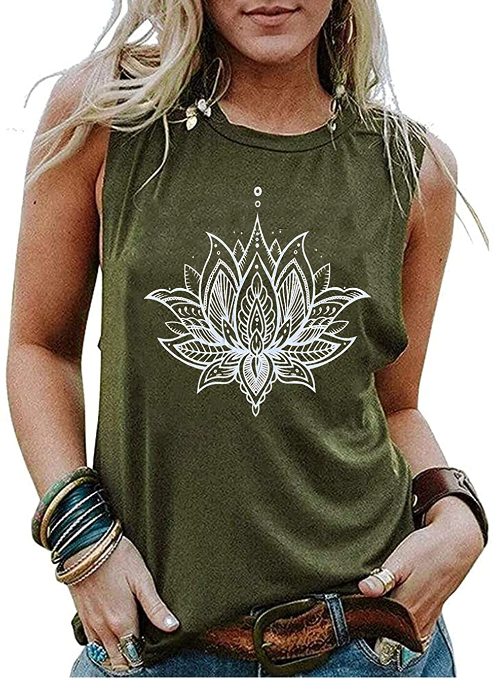 QIANRUO Lotus Flower Tank Top Women Meditation Yoga Shirts Casual Workout Muscle Tank Top Summer Sleeveless Graphic Tees Vest Apparel & Accessories > Clothing > Activewear Kylie Max   