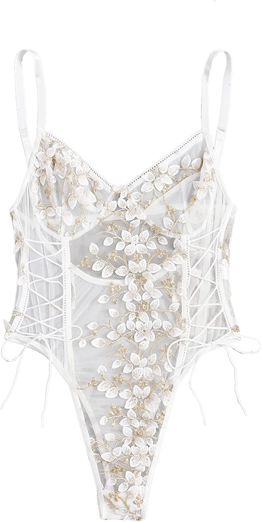 SheIn Women's Mesh Sheer One Piece Sexy Lace Up Embroidered Teddy Lingerie Bodysuit  SheIn White Large 