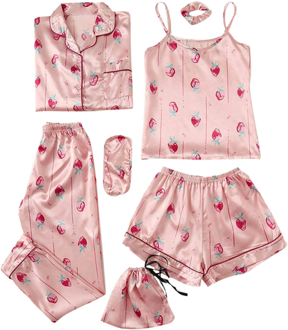 SheIn Women's 7pcs Pajama Set Cami Pjs with Shirt and Eye Mask Apparel & Accessories > Clothing > Sleepwear & Loungewear > Pajamas SheIn Pink Strawberry Small 