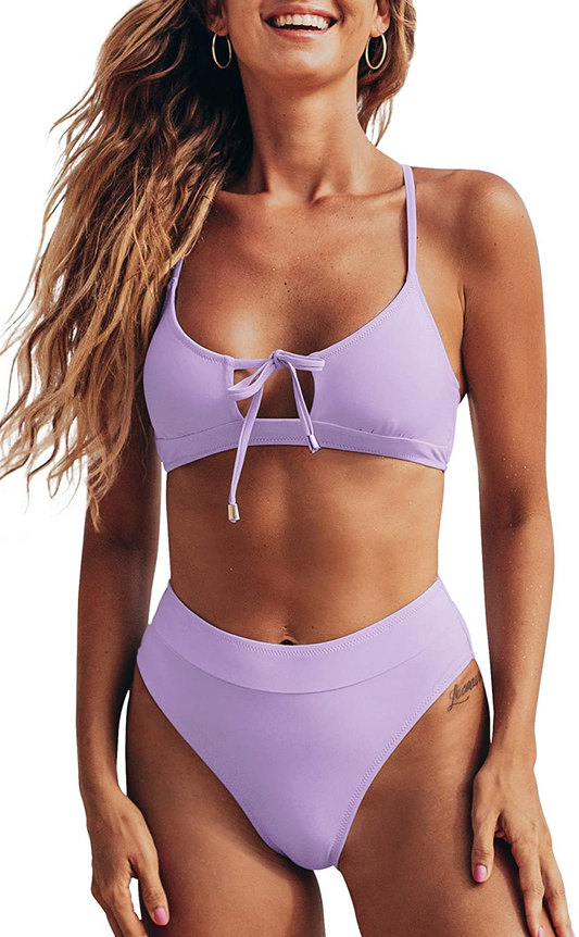 CUPSHE Women's High Waist Bikini Swimsuit Tie Lace Up Back Two Piece Bathing Suit Apparel & Accessories > Clothing > Swimwear KYLIE MAX Purple Medium 