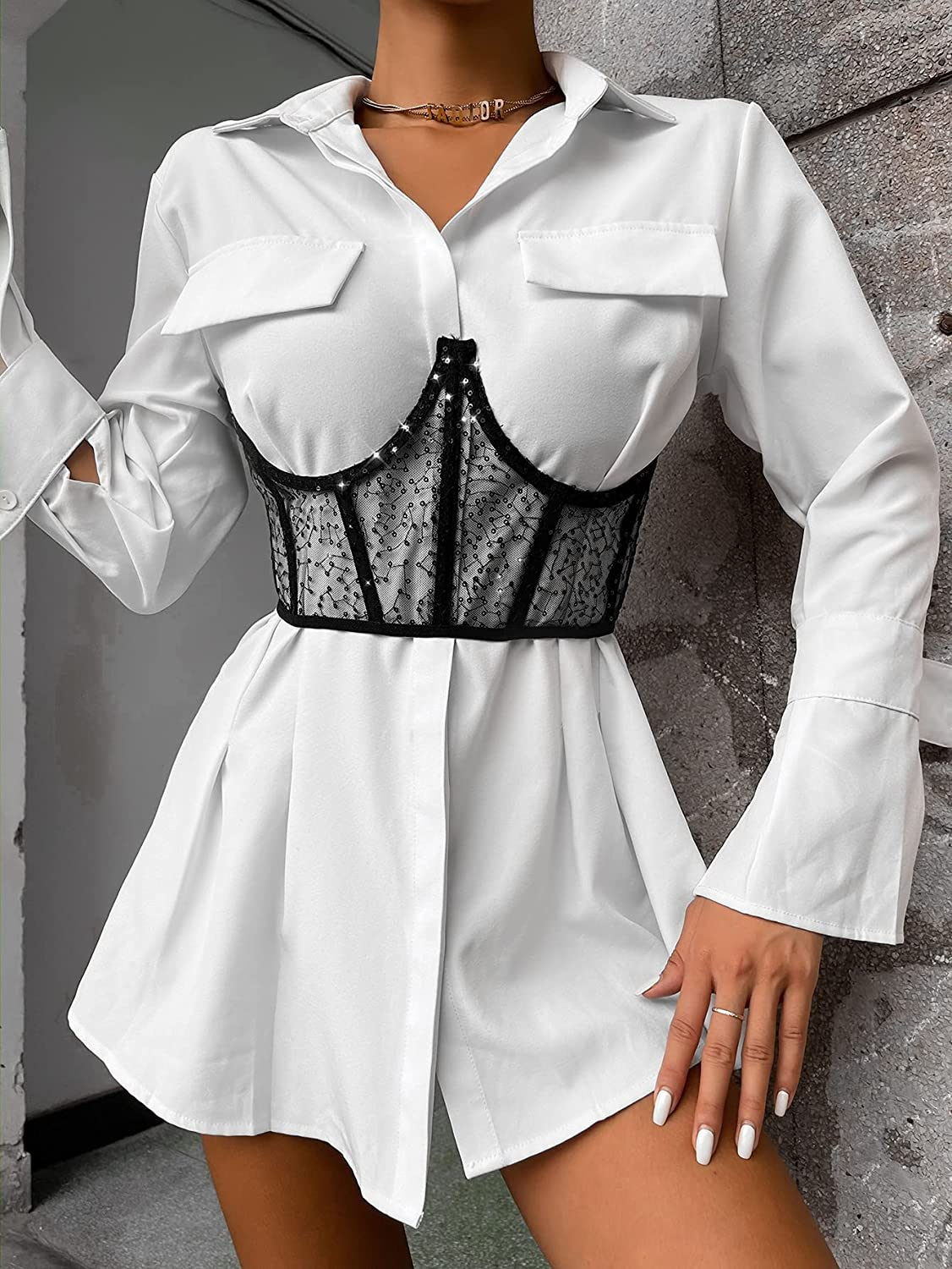 Shein Women'S Sequin Lace up Tie Back Bustier Corset Sheer Mesh Cincher Wide Belt Apparel & Accessories > Clothing > Underwear & Socks > Lingerie SheIn   