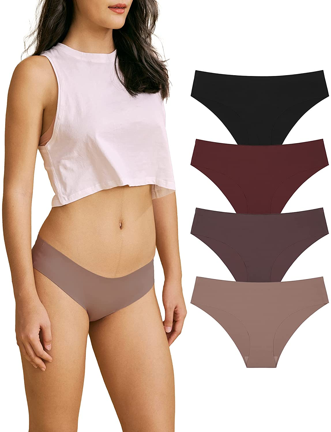 SHARICCA Women Seamless Cheeky Bikini No Show Panties Ladies Invisible Breathable Briefs Soft Stretch Underwear Multi Pack Apparel & Accessories > Clothing > Underwear & Socks > Underwear SHARICCA (4 Pack) Black Darkred Brown Coffee X-Large 