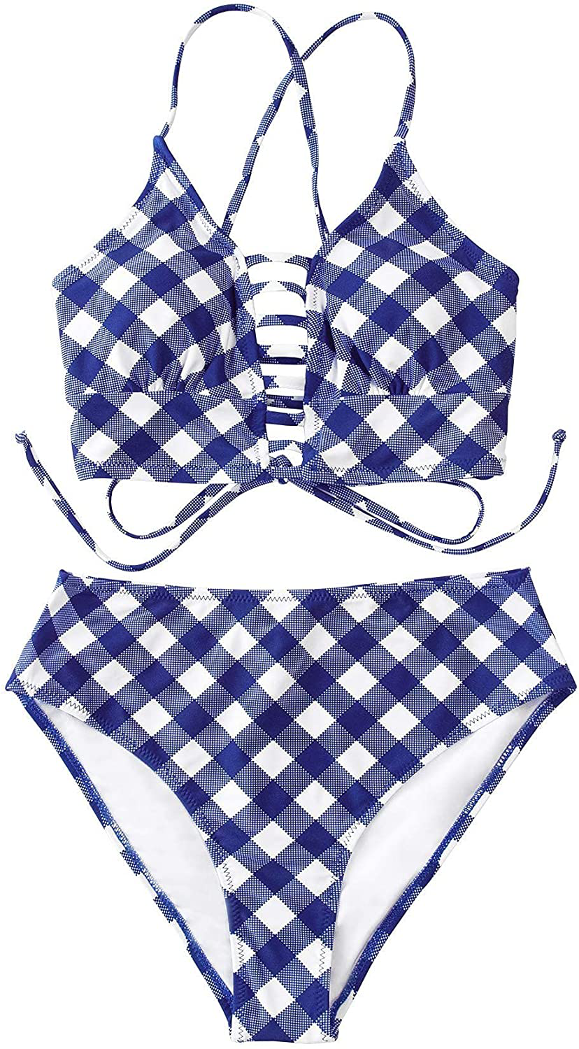 CUPSHE Women’s Bikini Swimsuit Floral Print Lace Up Multi Color Strappy Two Piece Bathing Suit Apparel & Accessories > Clothing > Swimwear KYLIE MAX Blue Gingham XX-Large 