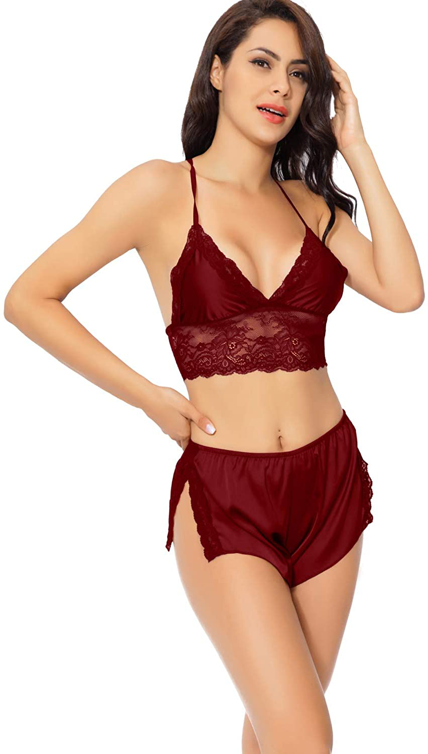 Lingerie for Women Cute Silk Pajamas Sets Satin Lace Trim Cami Tops and Shorts 2 Piece Straps Bralette and Panty Sleepwear Apparel & Accessories > Clothing > Sleepwear & Loungewear Kylie Max   