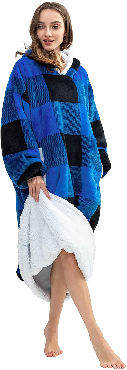 HBlife Oversized Long Wearable Blanket Hoodie for Adult, Thick Sherpa Sweatshirt with Elastic Sleeves and Giant Pockets Super Warm and Cozy Fuzzy Plush Fleece Blanket Jacket, Blue Arts & Entertainment > Party & Celebration > Gift Giving HBlife Plaid Blue Adult-Long 
