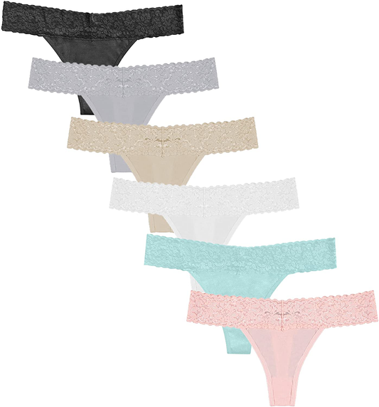 Free to Live 6 Pack Women's Underwear - Lace Band Cotton Thong Panties Apparel & Accessories > Clothing > Underwear & Socks > Underwear Free to Live Baby Pink, Beige, Black, Grey, Mint, White X-Large 