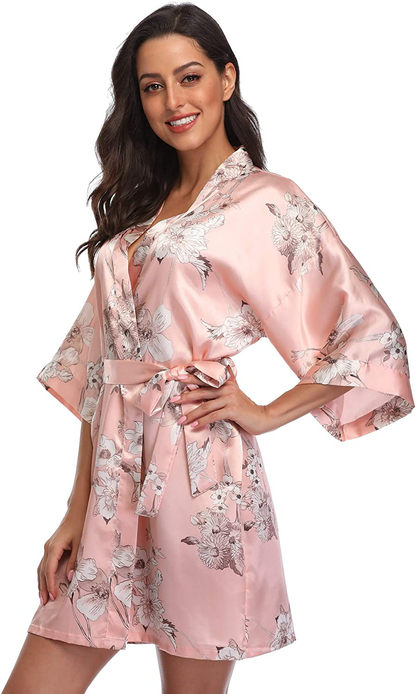 Season Dressing Women Floral Robes Bridesmaids Short Satin Kimono Sleepwear for Wedding Party Apparel & Accessories > Clothing > Sleepwear & Loungewear > Robes season dressing Pink Small 