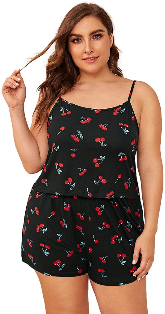 Floerns Women'S plus Size Cherry Print Cami Top and Shorts Pajama Sets Apparel & Accessories > Clothing > Sleepwear & Loungewear Kylie Max   