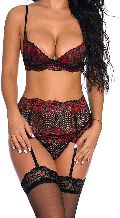 Women Lingerie Sexy Bra and Panties Set Lace Strap Bralette Lingerie Set Apparel & Accessories > Clothing > Underwear & Socks > Lingerie KLONKEE 3-red Large 