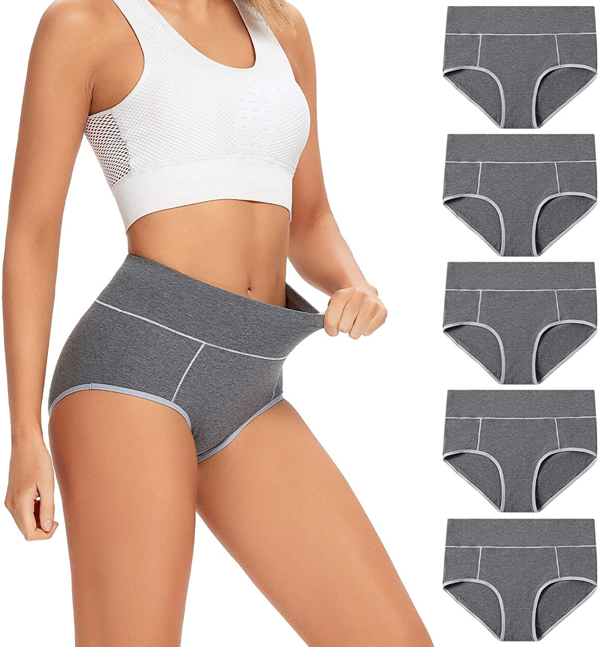 POKARLA Women'S High Waisted Cotton Underwear Soft Breathable Panties Stretch Briefs Regular & plus Size 5-Pack Apparel & Accessories > Clothing > Underwear & Socks > Underwear POKARLA Grey-5pack Large 