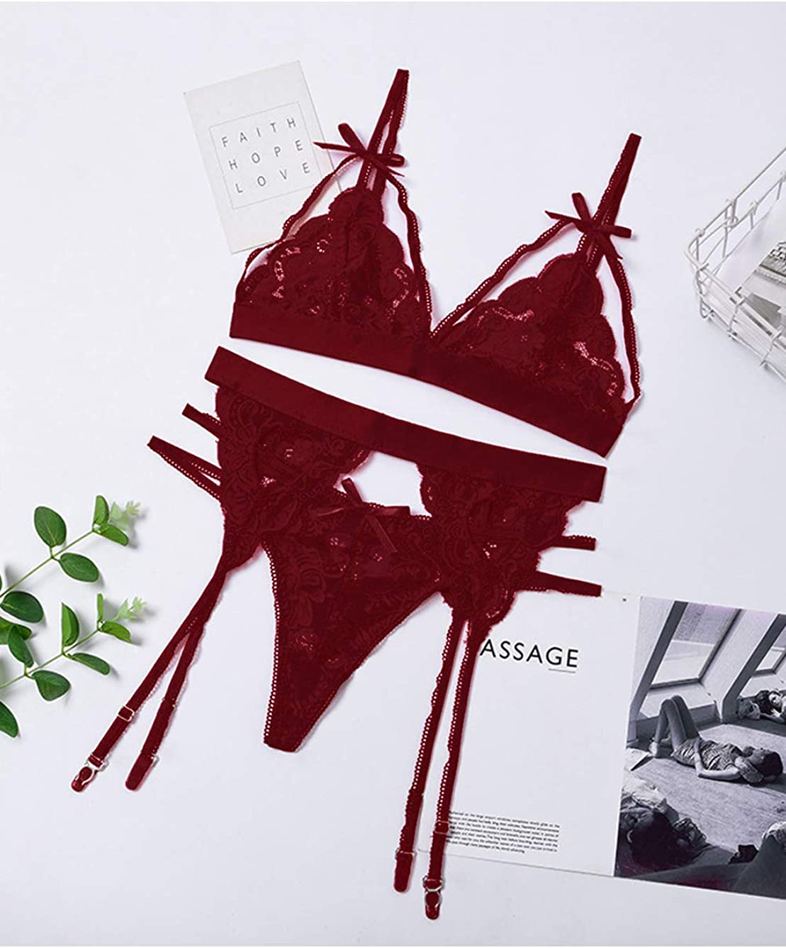 Kaei&Shi Sexy Lingerie for Women, Heart Lingerie Set with Garter Belt, Lace Bondage Lingerie Bra and Panty Sets Apparel & Accessories > Clothing > Underwear & Socks > Lingerie Kaei&Shi   