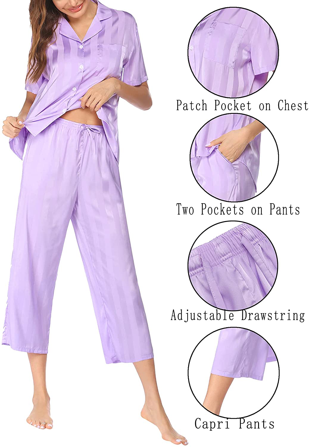 Ekouaer Women Silk Satin Pajamas Button down Lounge Sets Short Sleeve Sleepwear Apparel & Accessories > Clothing > Sleepwear & Loungewear > Pajamas Kylie Max   