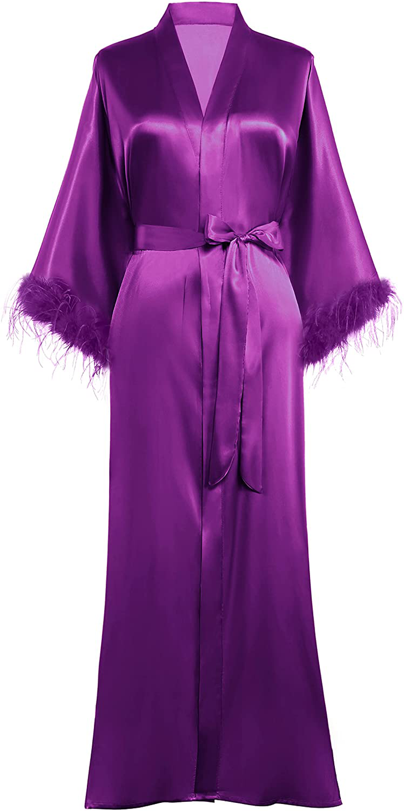 PRODESIGN Satin Kimono Robe Long Bath Robe with Ostrich Feather Trim Sleepwear Wedding Bridesmaid Robe Apparel & Accessories > Clothing > Sleepwear & Loungewear > Robes PRODESIGN Purple One Size 