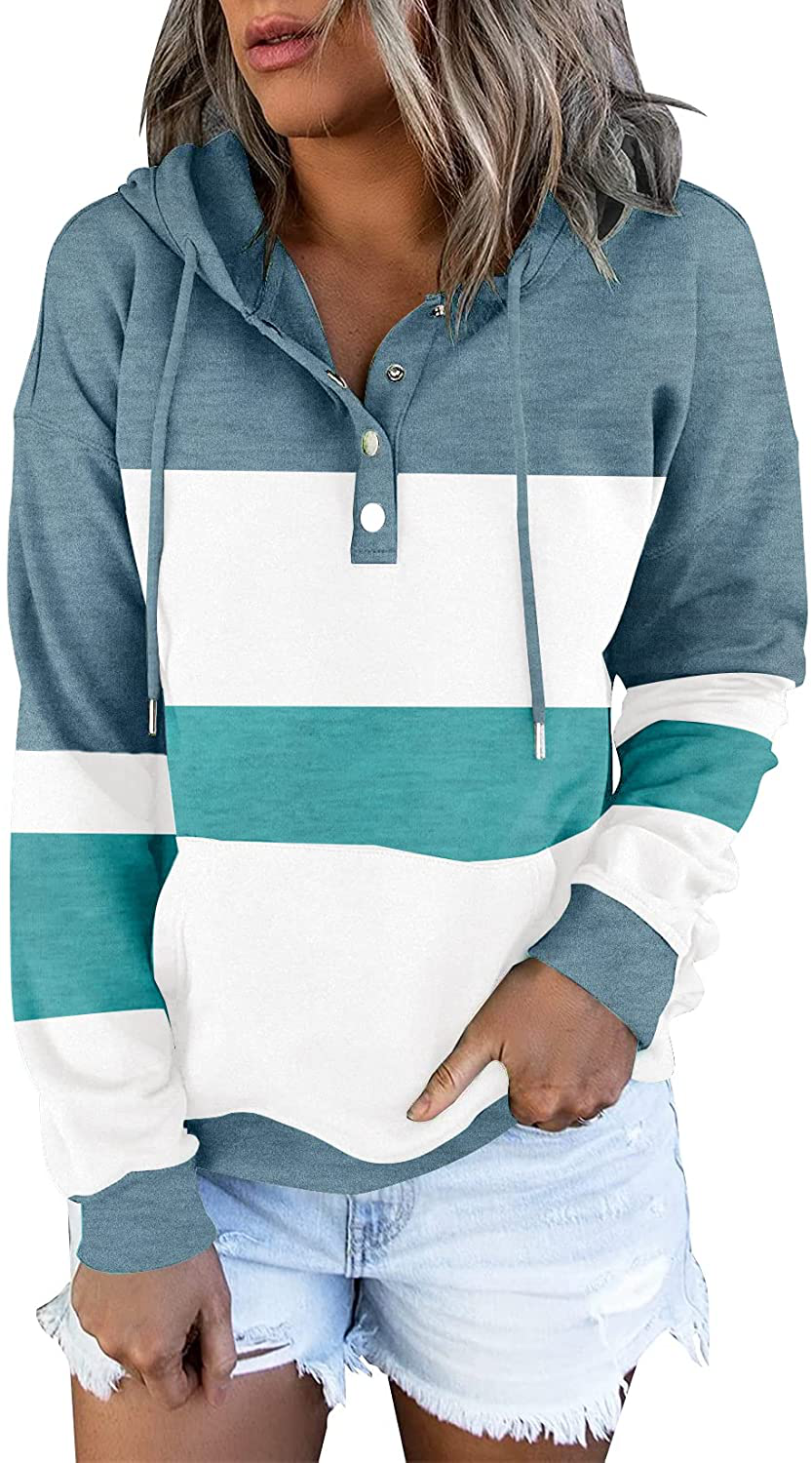 ETCYY Women'S Color Block Hoodies Tops Long Sleeve Casual Drawstring Button down Pullover Sweatshirt with Pocket Apparel & Accessories > Clothing > Activewear Kylie Max   