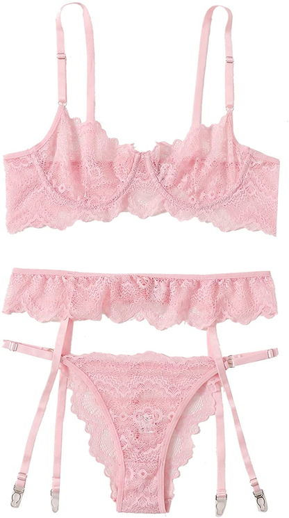 Shein Women'S 3 Piece Floral Lace Lingerie Set with Garter Belts Sexy Bra and Panty Apparel & Accessories > Clothing > Underwear & Socks > Lingerie SheIn Pink Small 
