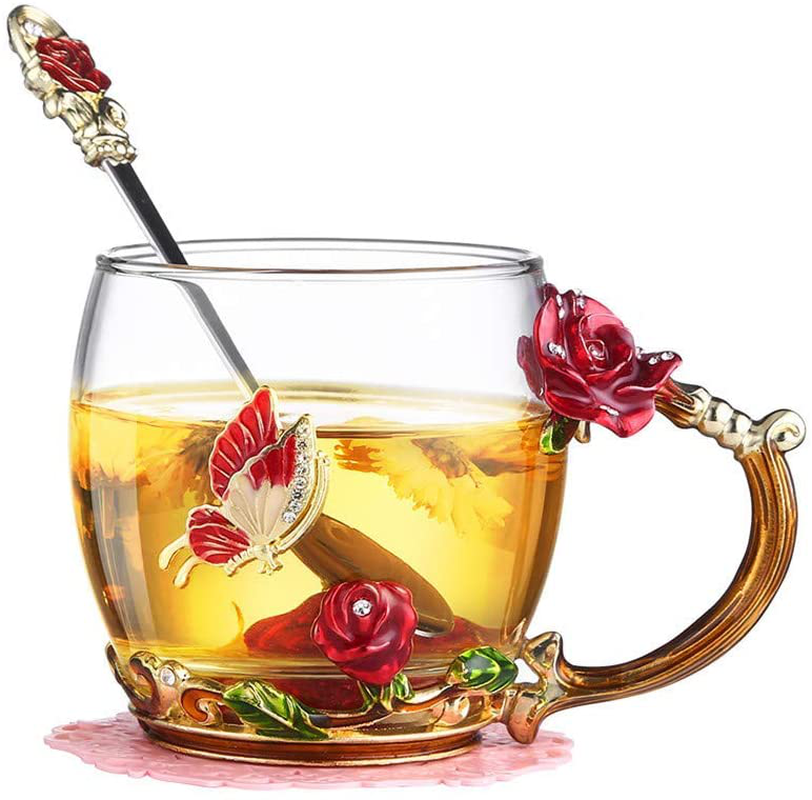 Luka Tech Enamels Butterfly flower Lead-free Glass Coffee Mugs Tea Cup with Steel Spoon, Best Birthday Gifts For Women Wife Mom Friends Mothers Valentines Day Christmas (Purple-Tall) Arts & Entertainment > Party & Celebration > Gift Giving Luka Tech Rose  