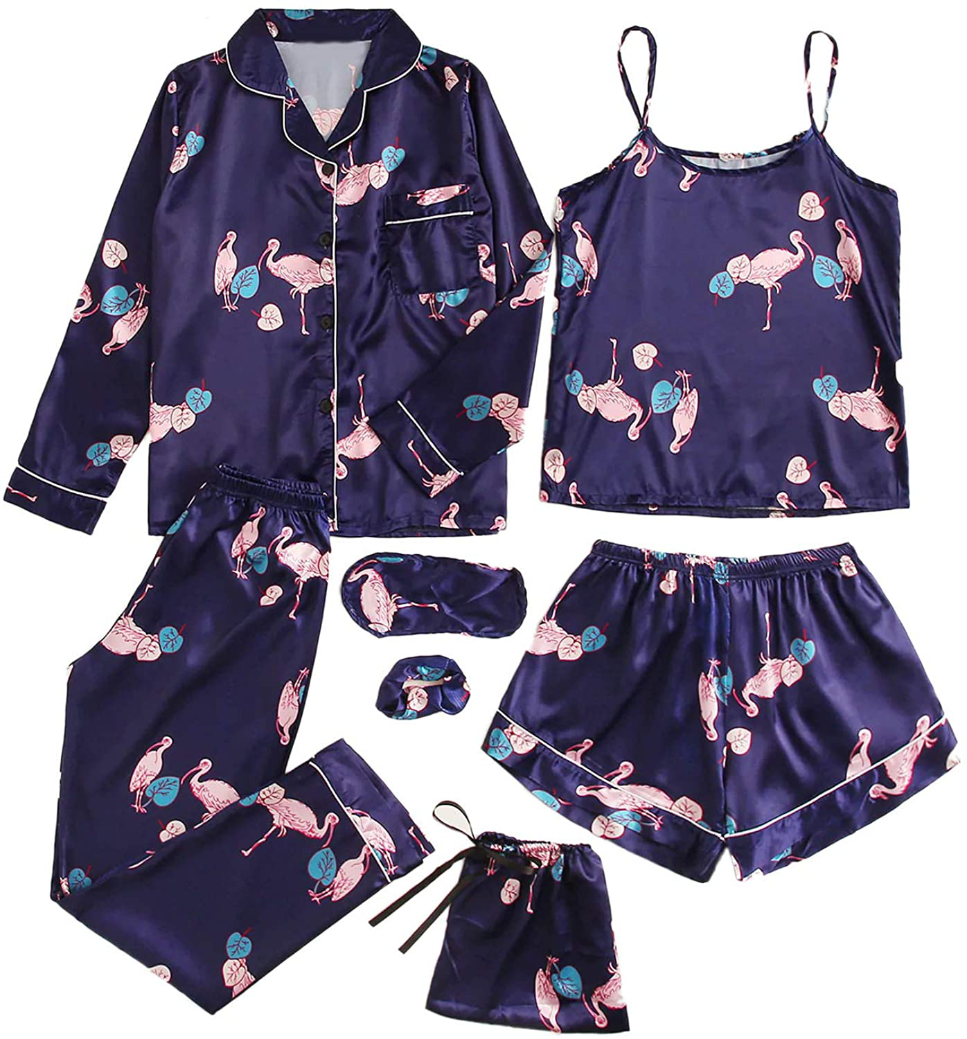 SheIn Women's 7pcs Pajama Set Cami Pjs with Shirt and Eye Mask Apparel & Accessories > Clothing > Sleepwear & Loungewear > Pajamas SheIn Navy Flamingo Small 
