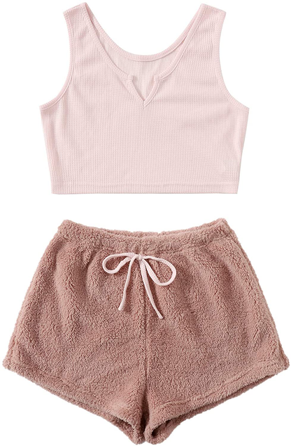 Verdusa Women'S 2 Piece PJ Set Notched Tank Top & Teddy Shorts Fuzzy Lounge Pajama Set Apparel & Accessories > Clothing > Sleepwear & Loungewear Kylie Max   