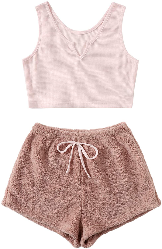 Verdusa Women'S 2 Piece PJ Set Notched Tank Top & Teddy Shorts Fuzzy Lounge Pajama Set Apparel & Accessories > Clothing > Sleepwear & Loungewear Kylie Max   