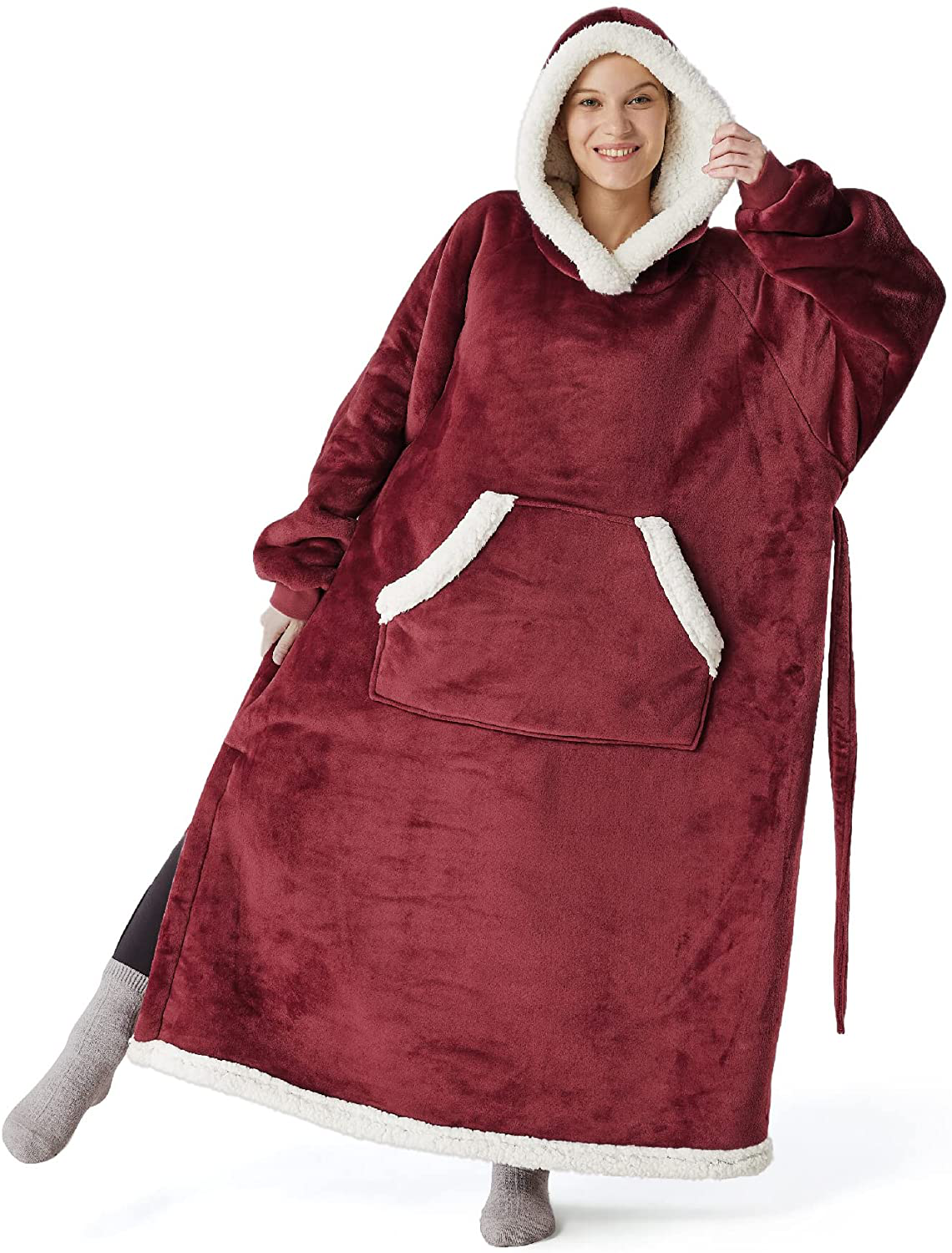 Bedsure Pink Wearable Blanket Hoodie Gift for Women- Long-Length Hooded Blanket Sweatshirt Adult with Side Split and Belt, Warm Sherpa Sweater Blanket Jacket Arts & Entertainment > Party & Celebration > Gift Giving Bedsure Burgundy Oversize 