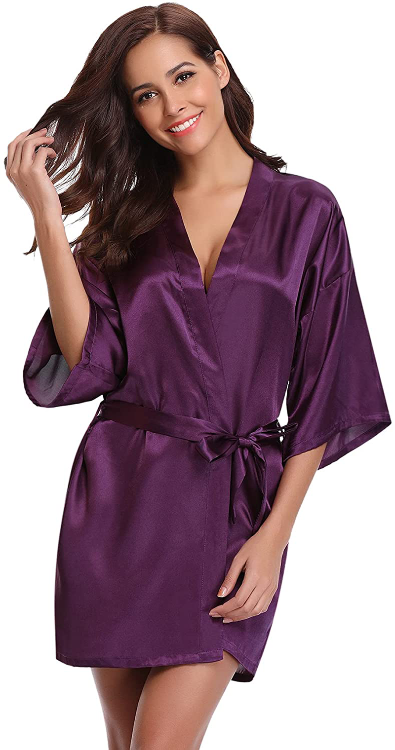Litherday Women'S Kimono Robe Silk Bathrobe Sleepwear Short Satin Robes for Bridal Bridesmaids Dressing Gown Apparel & Accessories > Clothing > Sleepwear & Loungewear > Robes Litherday Deep Purple Large 
