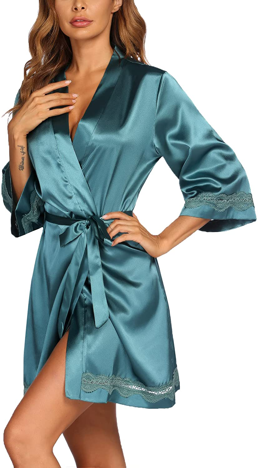 Ekouaer Women'S Lace-Trim Kimono Style Short Satin Robe Sleepwear with 3/4 Sleeve Apparel & Accessories > Clothing > Sleepwear & Loungewear > Robes Ekouaer   