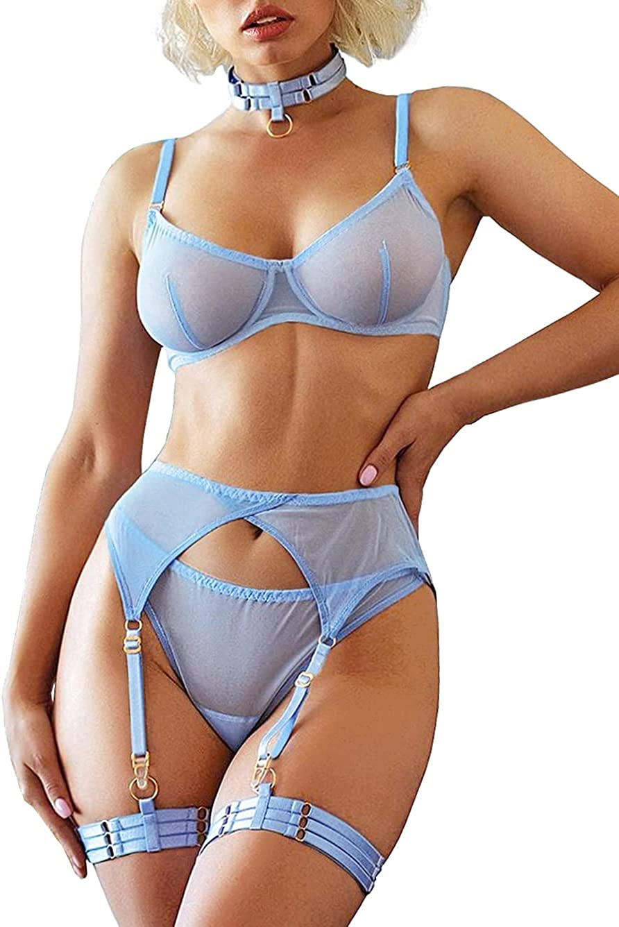 Kaei&Shi Sheer Mesh,Underwire Bra,Thong,5 Pieces,Garter Lingerie for Women Apparel & Accessories > Clothing > Underwear & Socks > Lingerie Kaei&Shi Baby Blue 12-14 