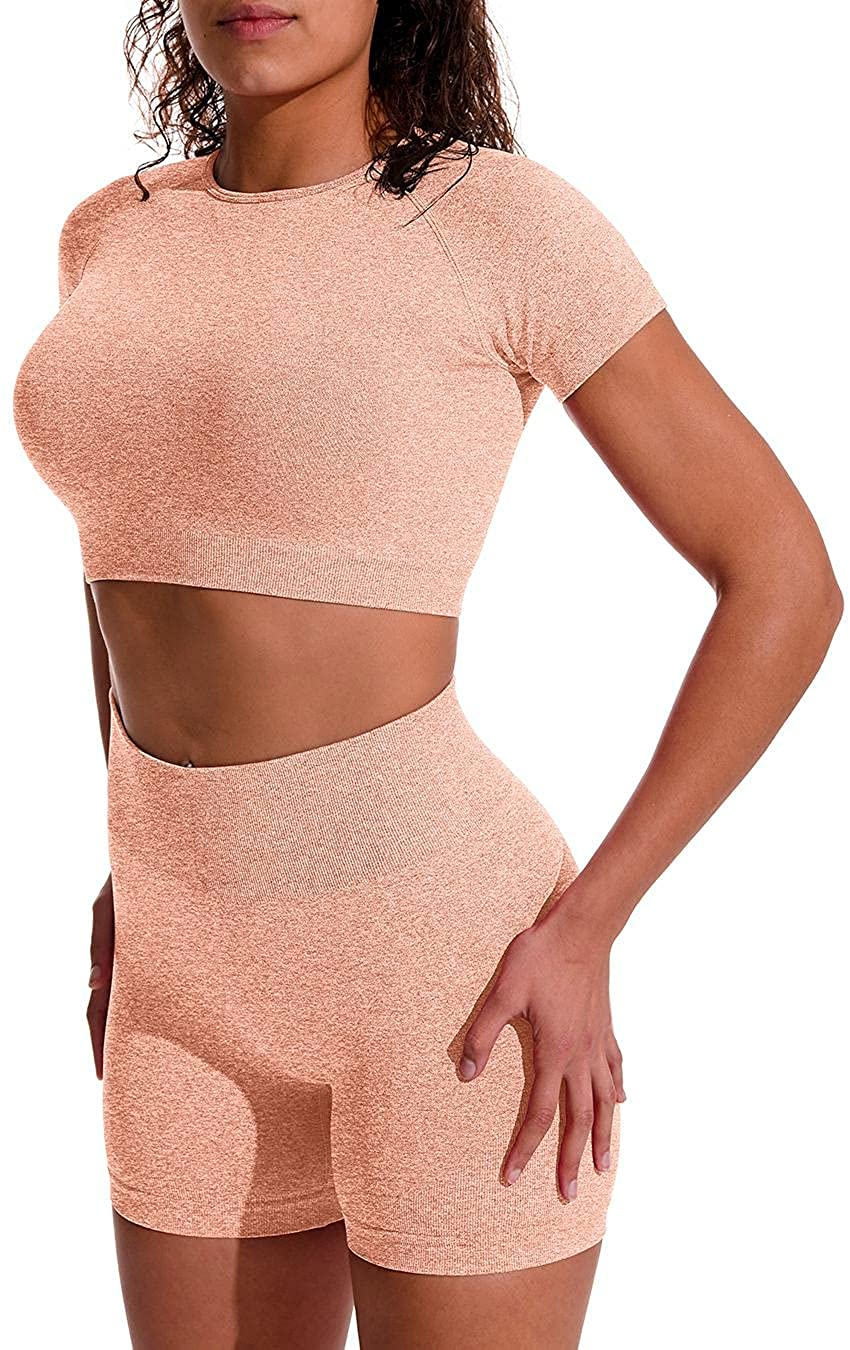 OYS Women'S Yoga 2 Piece Outfits Workout Running Crop Top Seamless High Waist Sports Shorts Sets Apparel & Accessories > Clothing > Underwear & Socks > Lingerie OYS 1#pink Large 