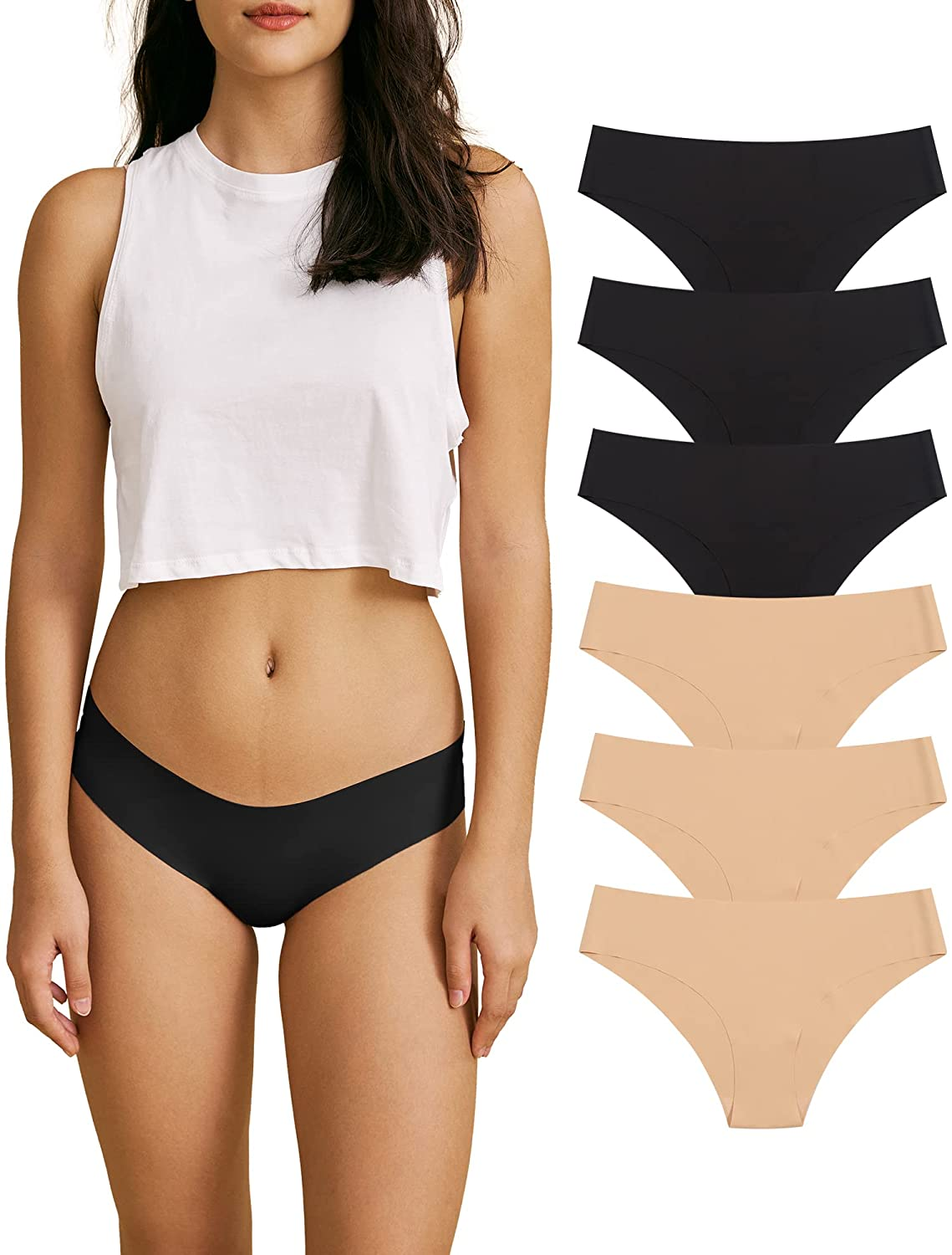 SHARICCA Women Seamless Cheeky Bikini No Show Panties Ladies Invisible Breathable Briefs Soft Stretch Underwear Multi Pack Apparel & Accessories > Clothing > Underwear & Socks > Underwear SHARICCA (6 Pack) 3 Black 3 Beige Large 