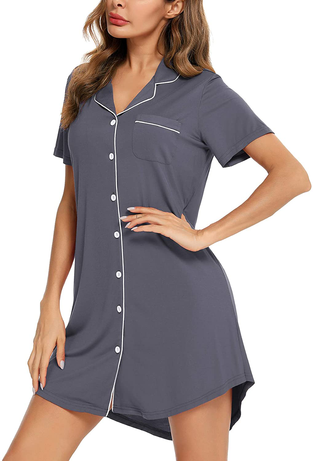 Samring Nightgown for Women Sleep Shirt Short Long Sleeve Sleepwear Boyfriend Nightshirt Button down Pajama Dress S-XXL Apparel & Accessories > Clothing > Sleepwear & Loungewear > Nightgowns Kylie Max   