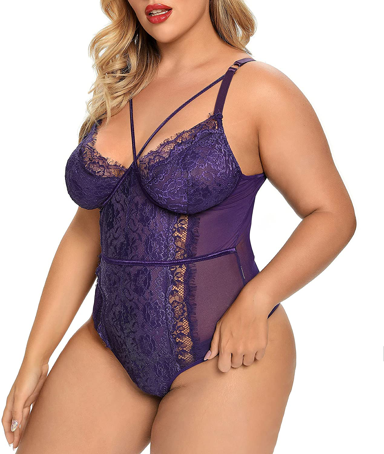 Plus Size Lingerie for Women Sexy Eyelash Lace Bodysuit Naughty Mesh One Piece Teddy Outfits Apparel & Accessories > Clothing > Underwear & Socks > Lingerie KYLIE MAX   