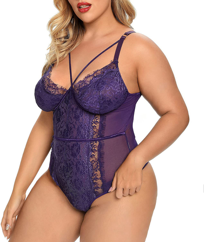 Plus Size Lingerie for Women Sexy Eyelash Lace Bodysuit Naughty Mesh One Piece Teddy Outfits Apparel & Accessories > Clothing > Underwear & Socks > Lingerie KYLIE MAX   