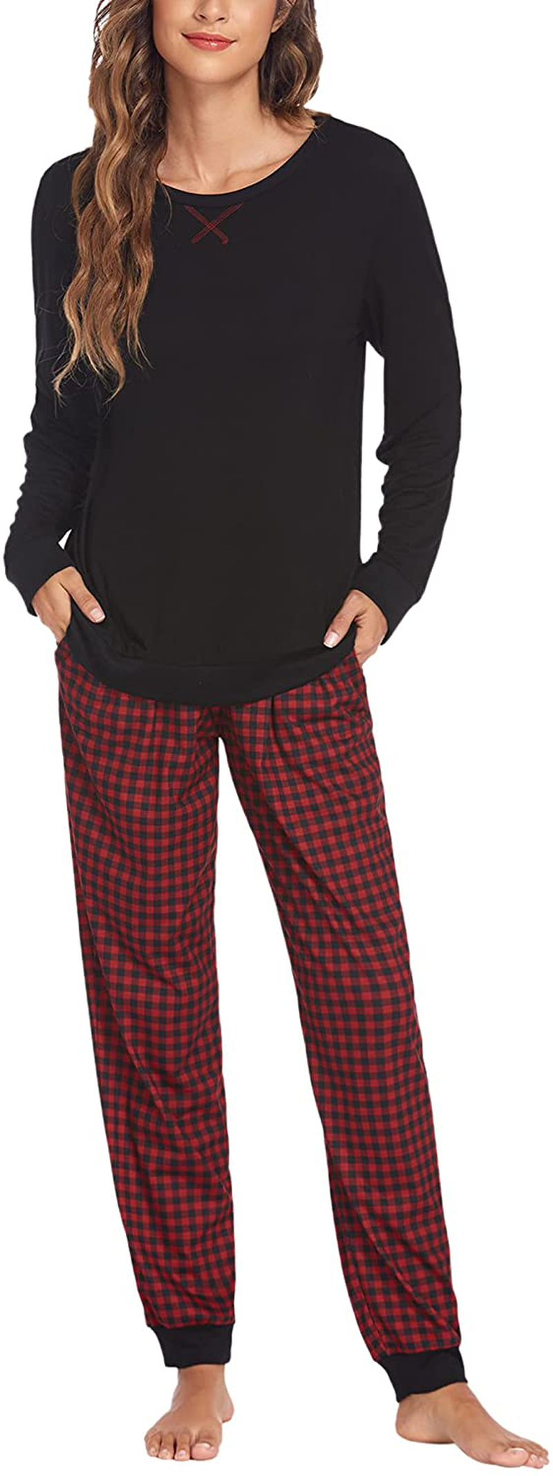 Ekouaer Women's Pajamas Sets Long Sleeve with Plaid Pants Soft Sleepwear O Neck 2 Piece Pjs Joggers Loung Set with Pockets Apparel & Accessories > Clothing > Sleepwear & Loungewear > Pajamas Ekouaer Pat21 Medium 