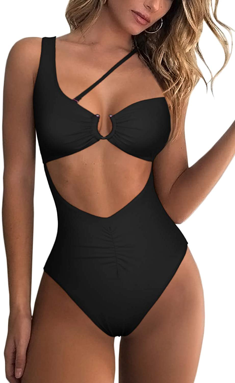QINSEN Womens One Shoulder Cutout Ruched Back High Cut Monokini One Piece Swimsuit Apparel & Accessories > Clothing > Swimwear Kylie Max Black Medium 