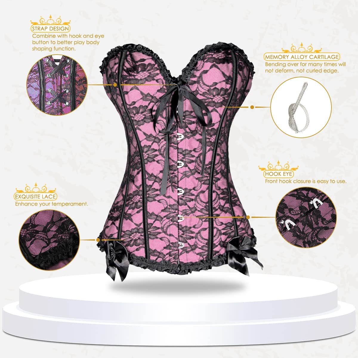 Loboo Idea Women'S Lace up Boned Overbust Corset Bustier Bodyshaper Top, Trim Corset Overbust Waist Cincher Bustier Top Apparel & Accessories > Clothing > Underwear & Socks > Lingerie Loboo Idea   