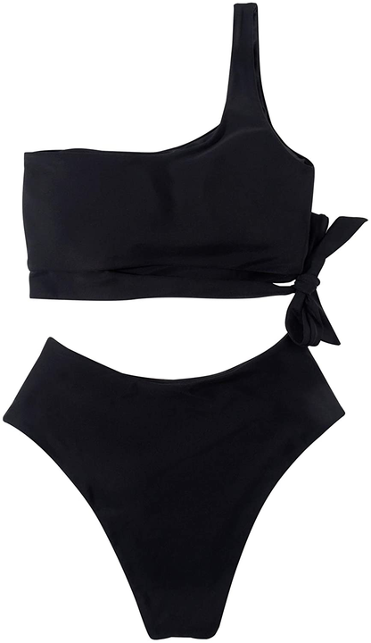 MOOSLOVER Women One Shoulder High Waisted Bikini Tie High Cut Two Piece Swimsuits Apparel & Accessories > Clothing > Swimwear MOOSLOVER   
