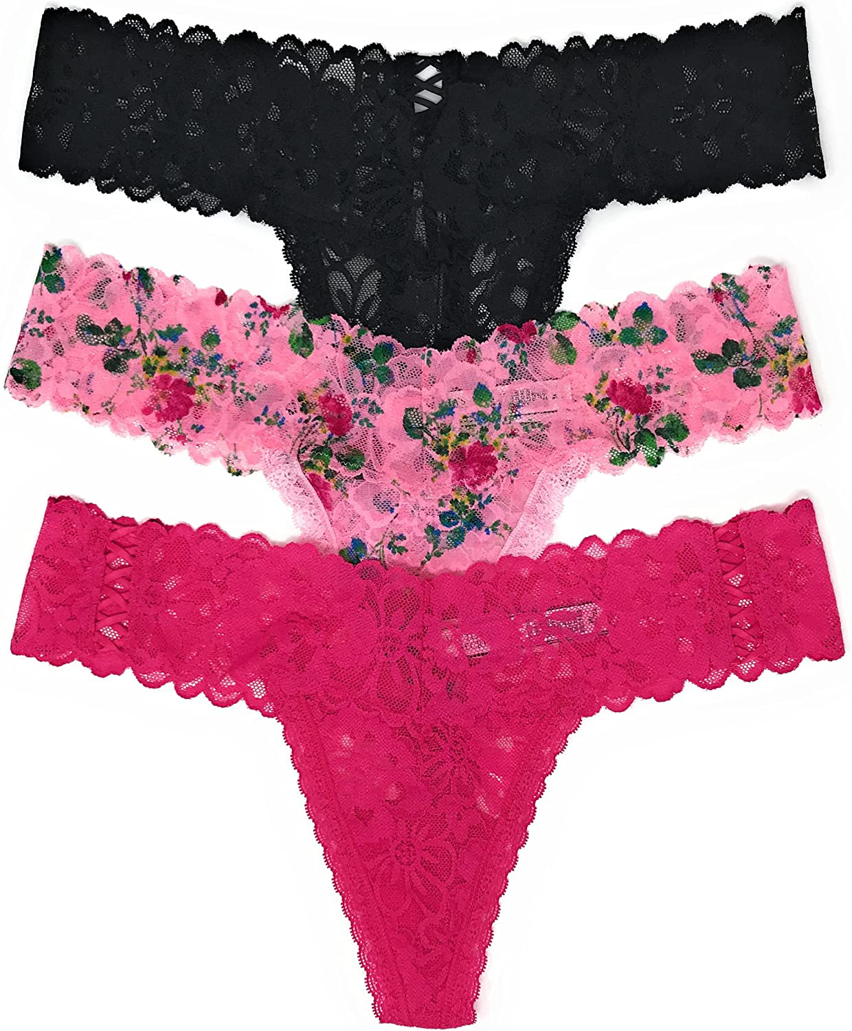Victoria's Secret The Lacie Thong Panty Set of 3 Apparel & Accessories > Clothing > Underwear & Socks > Underwear Victoria's Secret Black Cross / Pink Floral / Hot Pink Cross X-Large 