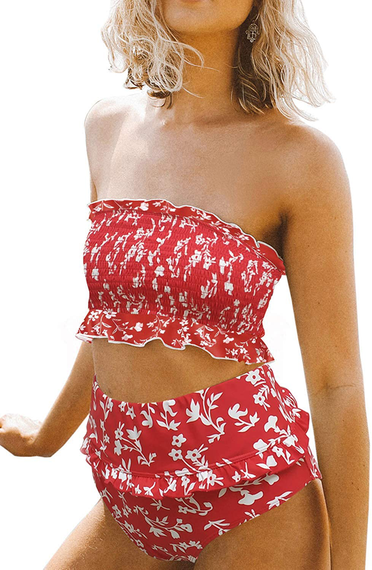 Dokotoo Women Cute High Waist Strapless Smocked Bikini Sets Swimsuit Bathing Suit  Kylie Max A Red Small 