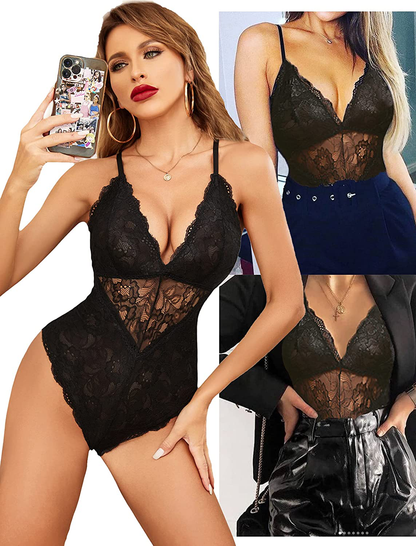 Avidlove Women Snap Crotch Lingerie Sexy Lace Bodysuit Deep V Teddy One Piece Lace Babydoll Apparel & Accessories > Clothing > Underwear & Socks > Lingerie Kylie Max   