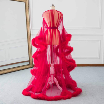 Changuan Sexy Illusion Long Lingerie Robe Nightgown Bathrobe Sleepwear Feather Bridal Robe Wedding Scarf Apparel & Accessories > Clothing > Sleepwear & Loungewear > Robes Changuan   
